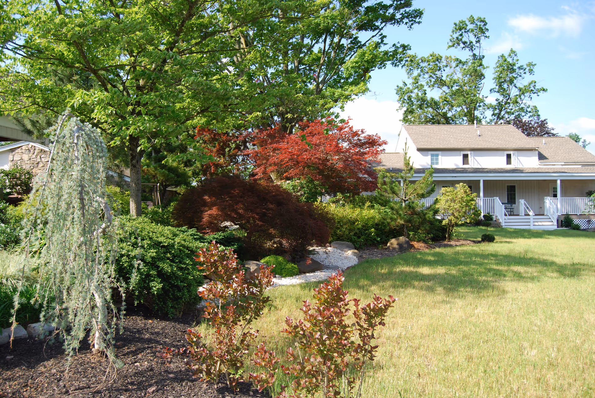 Well-maintained landscaped front yard with trees and shrubs leading up to a light-colored house with a covered porch.