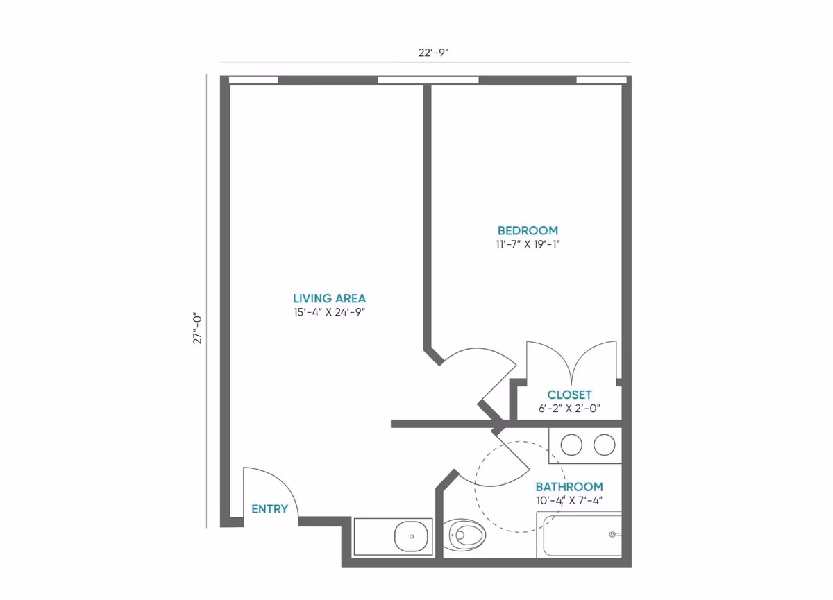 Floor plan of a living space at Dahlonega Assisted Living & Memory Care showing an entry, living area, bedroom, closet, and bathroom with dimensions.
