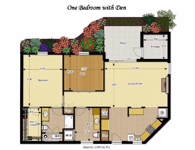 Floor plan of a one-bedroom apartment with a den, showing dimensions and labeled rooms including bedroom, den, living room, kitchen, bathroom, walk-in closet, storage, patio, and closets. The total area is approximately 1,060 square feet.