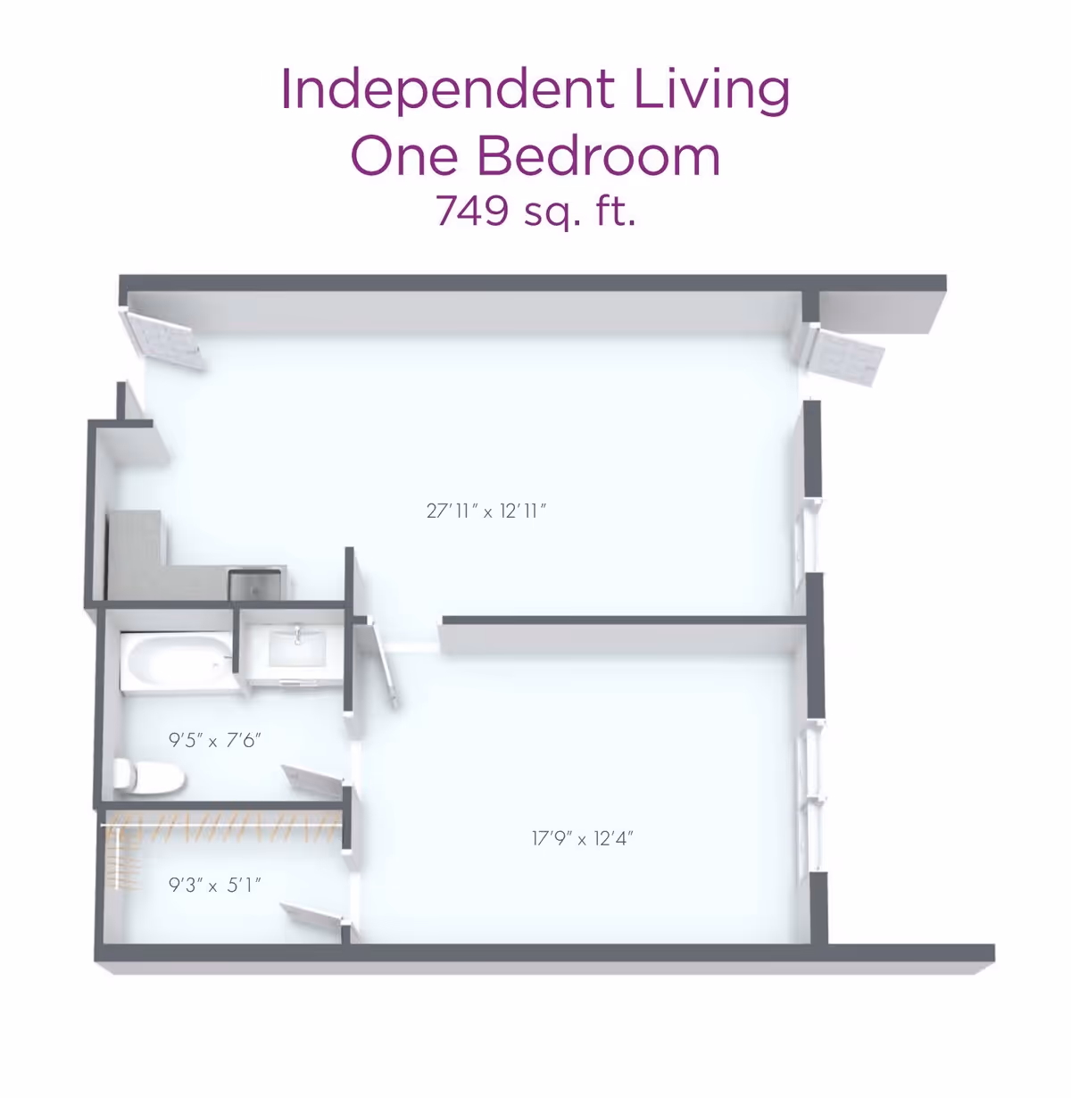A floor plan for a one-bedroom independent living unit measuring 749 sq. ft., showing the layout of the living area, bathroom, and dimensions.