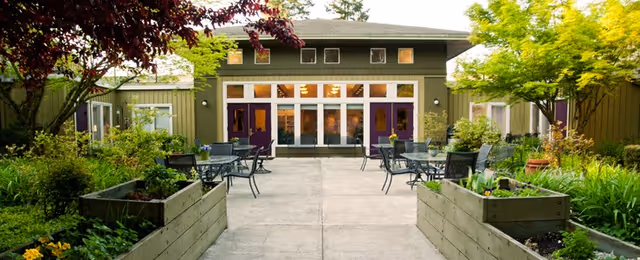 Sunlit courtyard with raised garden beds, patio tables and chairs leading to a green building with large windows and purple doors.