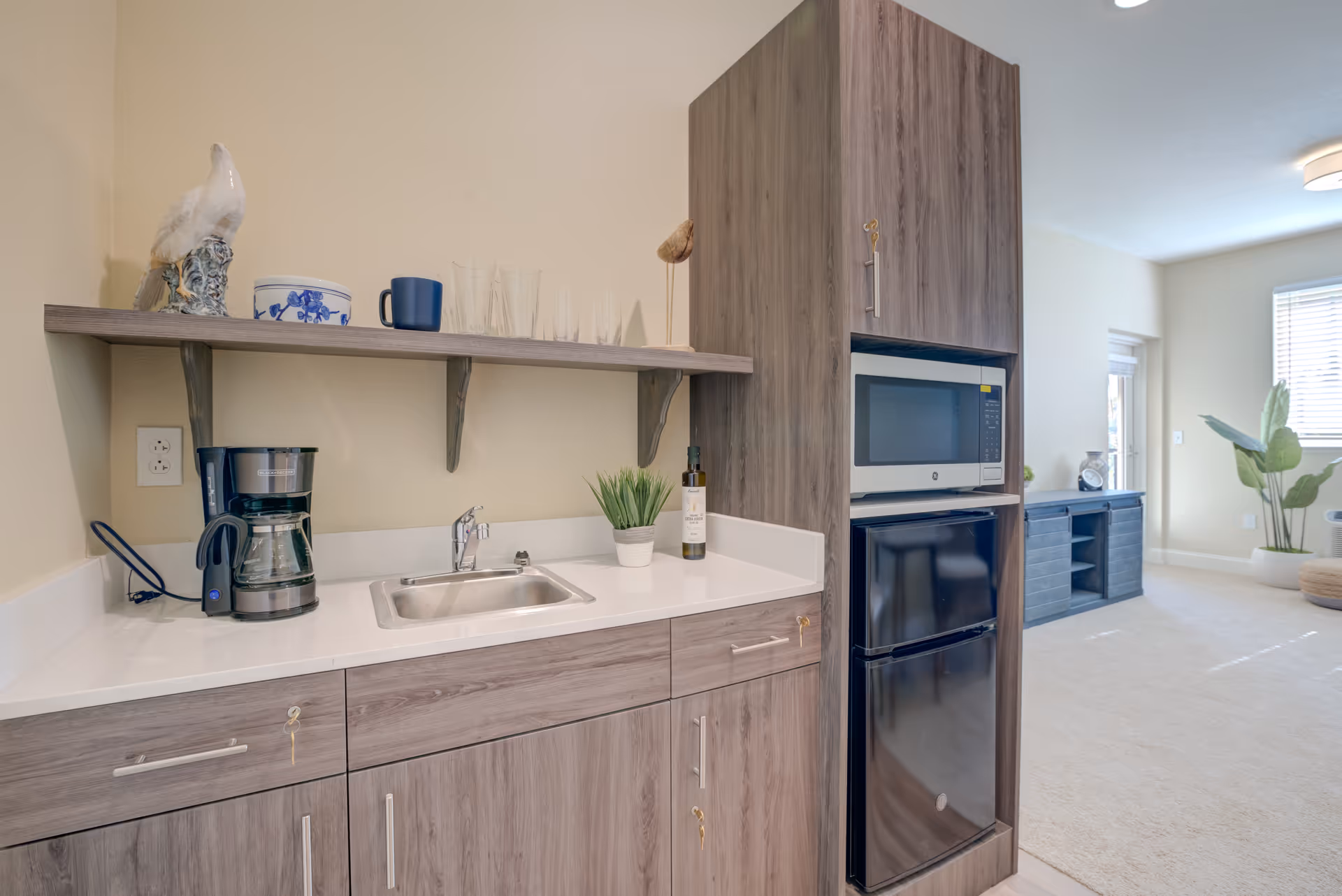 Small kitchenette with a sink, coffee maker, decorative shelf, microwave and mini fridge opening into a bright living area.