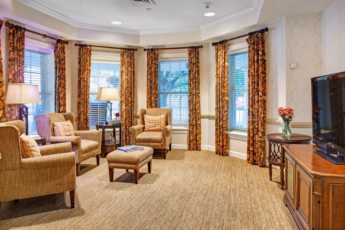 Sun-filled living room with upholstered armchairs, an ottoman, side tables, patterned curtains and a TV on a wooden cabinet.
