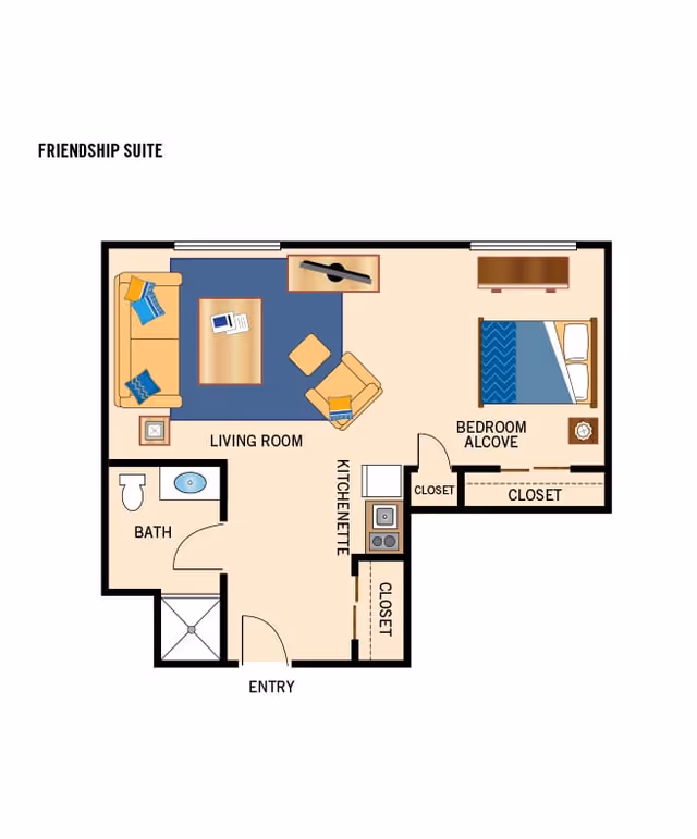 Floor plan of the Friendship Suite at Legacy at Cranberry Landing showing an entry leading to a kitchenette with closets, a living room with sofa, chair, coffee table, and TV, a bedroom alcove with a bed and dresser, and a bathroom with toilet, sink, and shower.