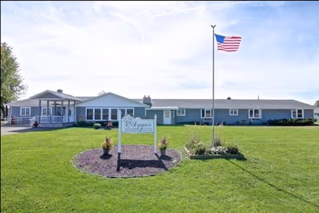 Single-story building with a large green lawn in front, an American flag on a flagpole, and a sign that reads 'Aggie's Country Living' near the entrance under a clear sky.