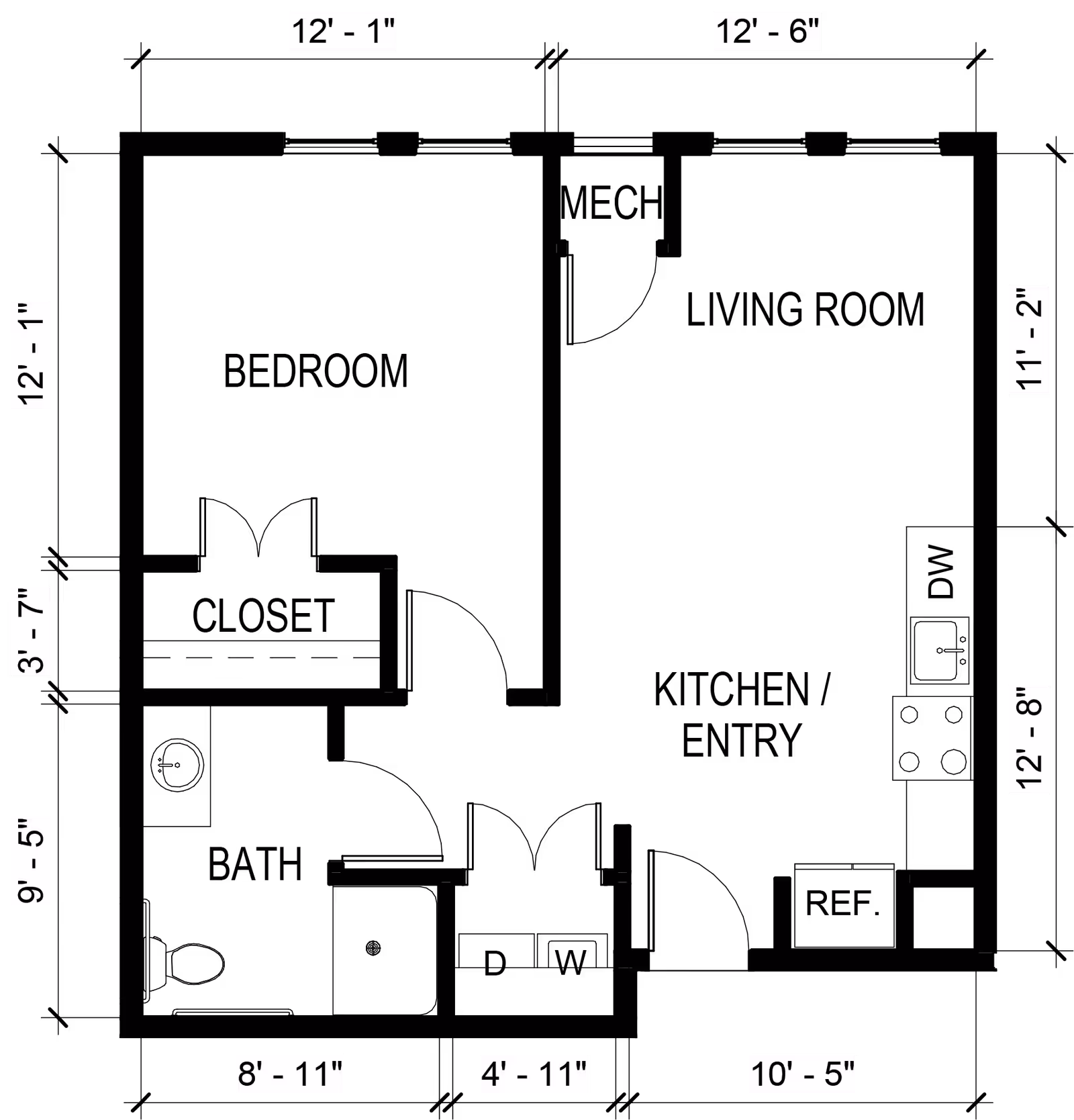 Architectural floor plan of a residential unit at The Phoenix at Union Hill showing a bedroom with closet, bathroom, living room, kitchen/entry area with dishwasher and refrigerator, and a mechanical room. Dimensions are marked around the rooms.