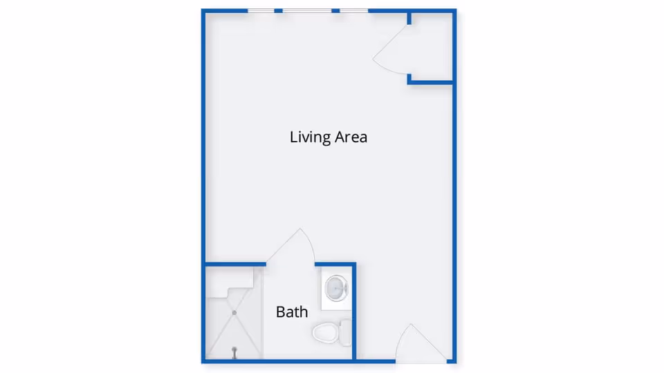 Floor plan layout showing a living area and a bathroom with a shower, toilet, and sink.