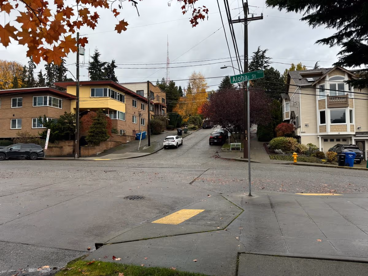 Street intersection with apartment buildings and houses on a wet overcast day with a green "Aloha St" sign visible.