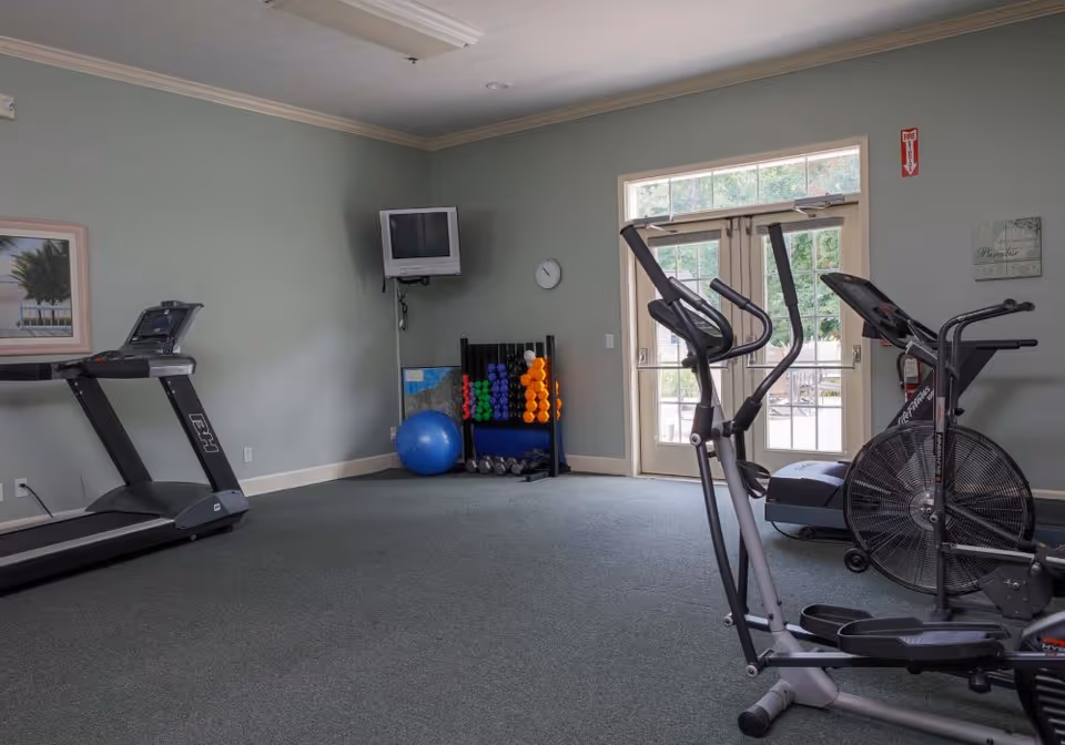 A fitness room with exercise equipment including a treadmill, elliptical machine, and stationary bike. There is a rack with colorful dumbbells and a blue exercise ball. A small wall-mounted TV and a clock are visible on the wall. Double glass doors lead outside, allowing natural light into the room.