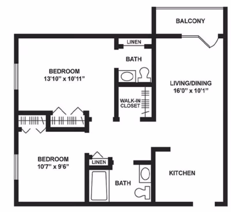 Floor plan of a residential unit at The Hearth at Greenpoint showing two bedrooms, two bathrooms, a kitchen, a living/dining area with balcony, walk-in closet, and linen closets.