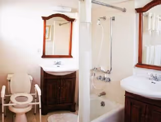 Bathroom with a toilet equipped with safety rails, a wooden vanity with a sink and mirror above it, and a bathtub with a showerhead and grab bars. A white shower curtain is partially drawn.
