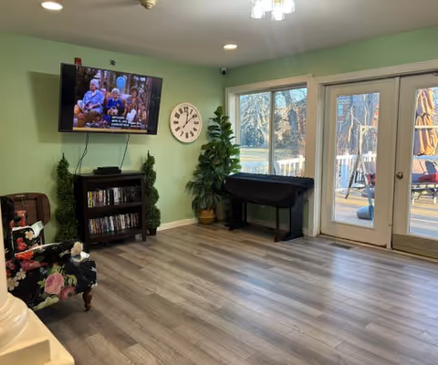 A cozy living room with light green walls and wood flooring. A flat-screen TV is mounted on the wall showing a program with subtitles. Below the TV is a small dark wooden shelf filled with DVDs. To the right of the TV is a large white wall clock and a tall green potted plant. There is a floral upholstered armchair on the left side and a covered piano or keyboard against the wall near glass doors that lead to an outdoor deck with patio furniture and a view of trees and water.