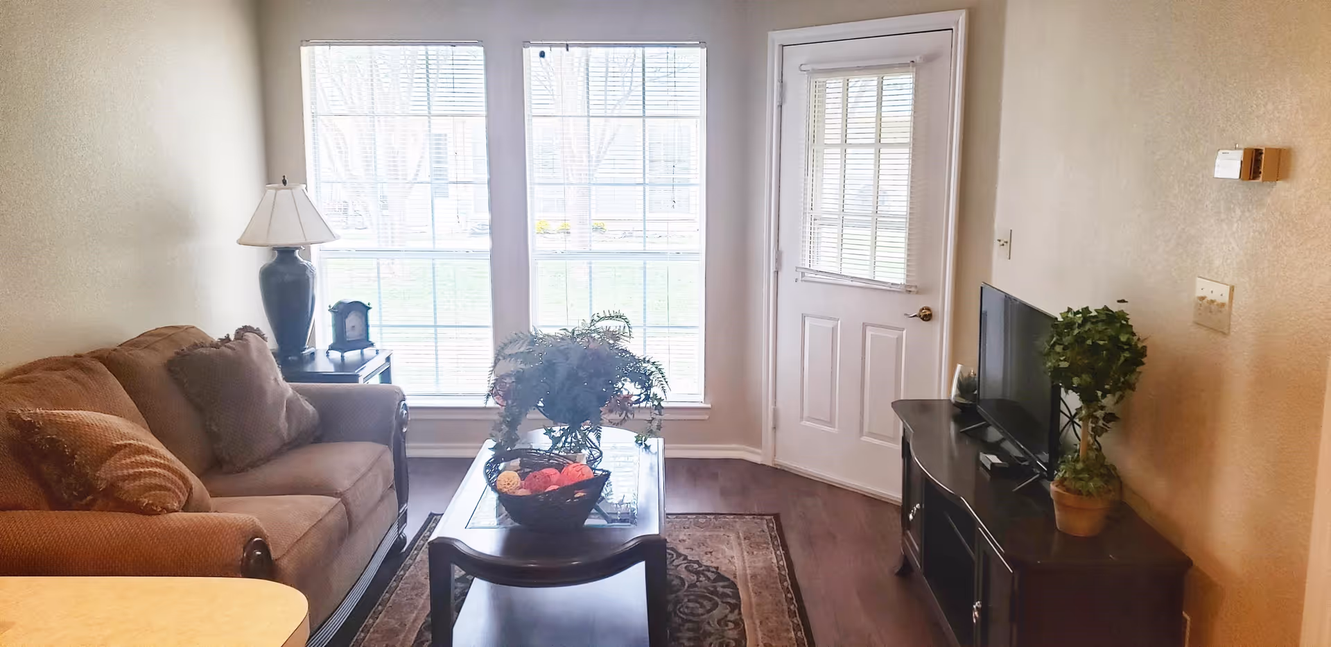 Sunlit living room with a sofa, coffee table, TV stand, potted plants, and a door beside large windows.
