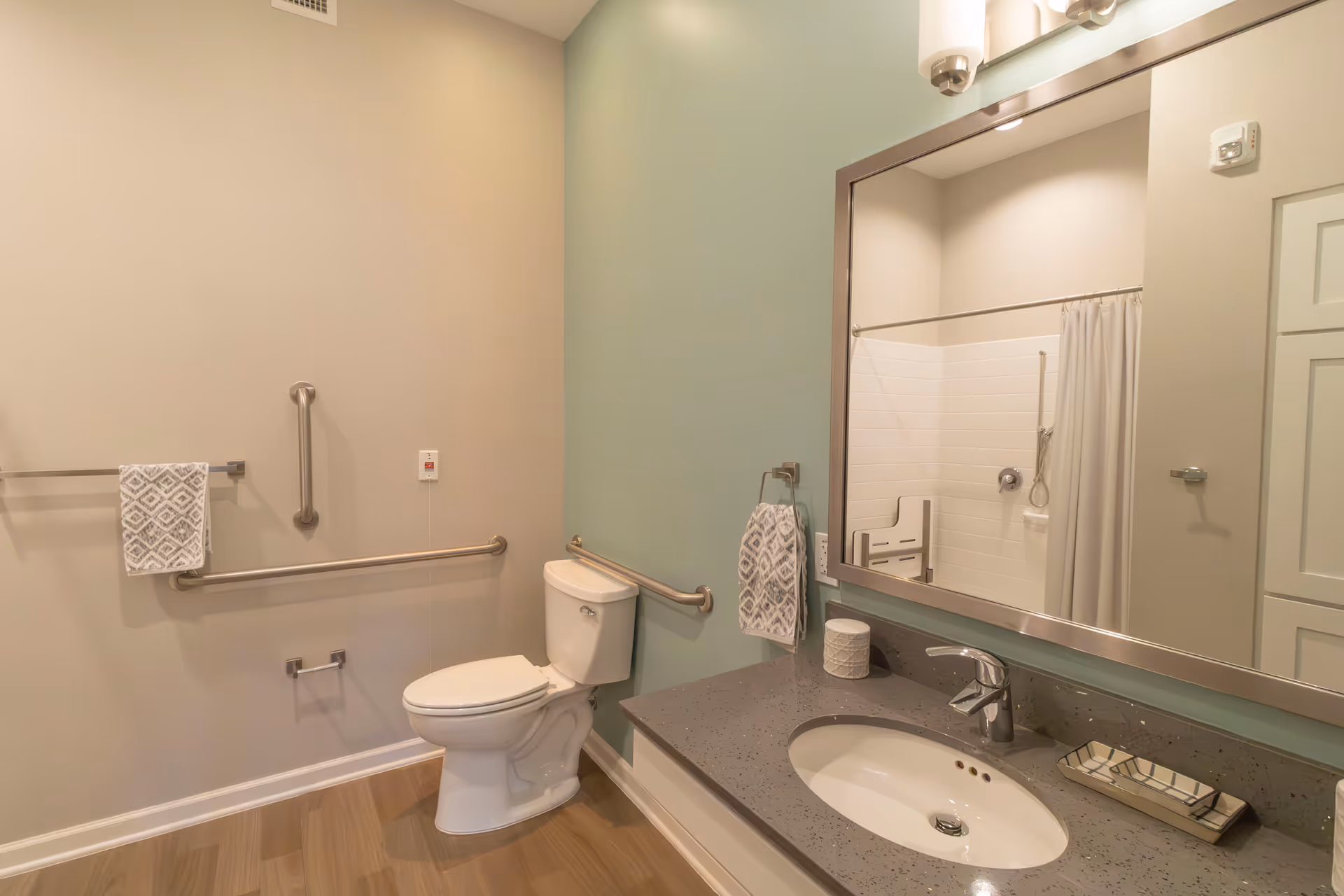 Accessible bathroom showing a toilet, sink vanity with mirror, a shower reflected in the mirror, and multiple grab bars.