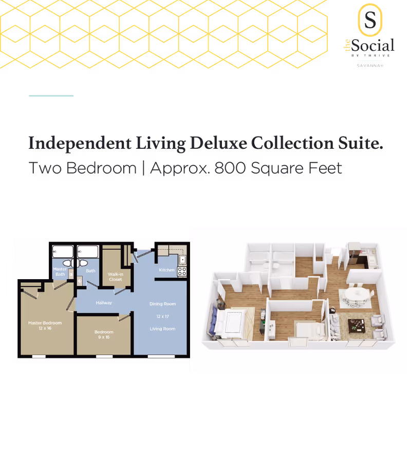 Floor plan and 3D layout of an Independent Living Deluxe Collection Suite at The Social at Savannah, featuring two bedrooms, two bathrooms, a walk-in closet, kitchen, dining room, and living room, covering approximately 800 square feet.