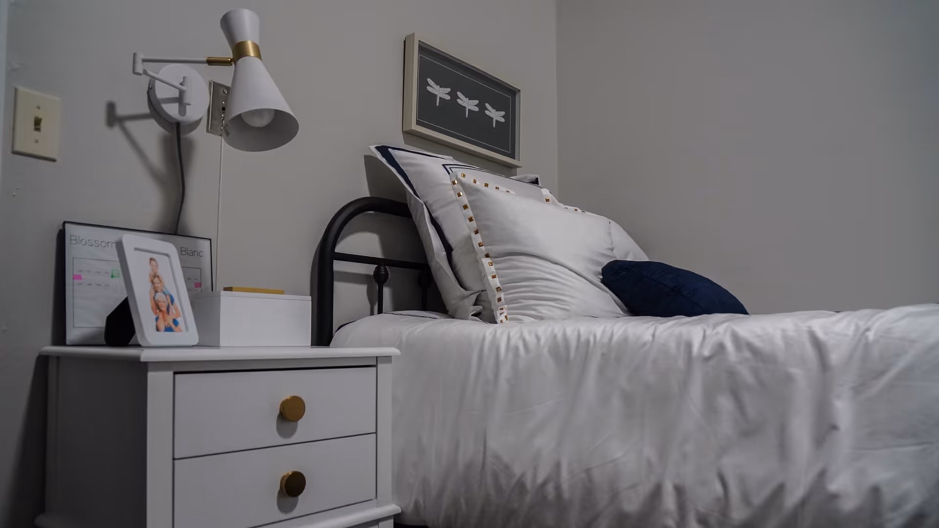 A neatly made single bed with white bedding and multiple pillows, including a navy blue one, against a light gray wall. Above the bed is a framed artwork featuring three dragonflies. Next to the bed is a white nightstand with two drawers, a framed photo, a white box, and a wall-mounted white and gold lamp.