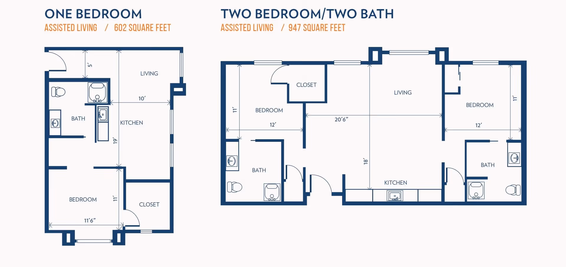 Floor plans for Bethesda Gardens Thornton Assisted Living and Memory Care showing a one-bedroom assisted living unit with 602 square feet and a two-bedroom/two-bath assisted living unit with 947 square feet. The one-bedroom plan includes a bedroom, closet, bathroom, kitchen, and living area. The two-bedroom/two-bath plan includes two bedrooms, two bathrooms, closets, a kitchen, and a living area.