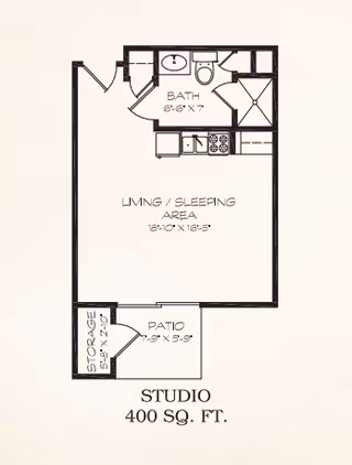 Black-and-white floor plan of a 400 sq. ft. studio showing a living/sleeping area, kitchenette, bathroom, patio and storage.