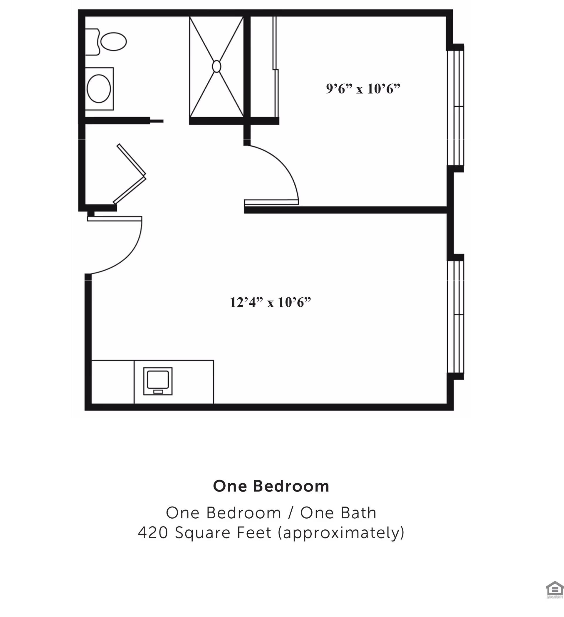 Black-and-white floor plan of a one-bedroom, one-bath apartment showing room layouts and dimensions.