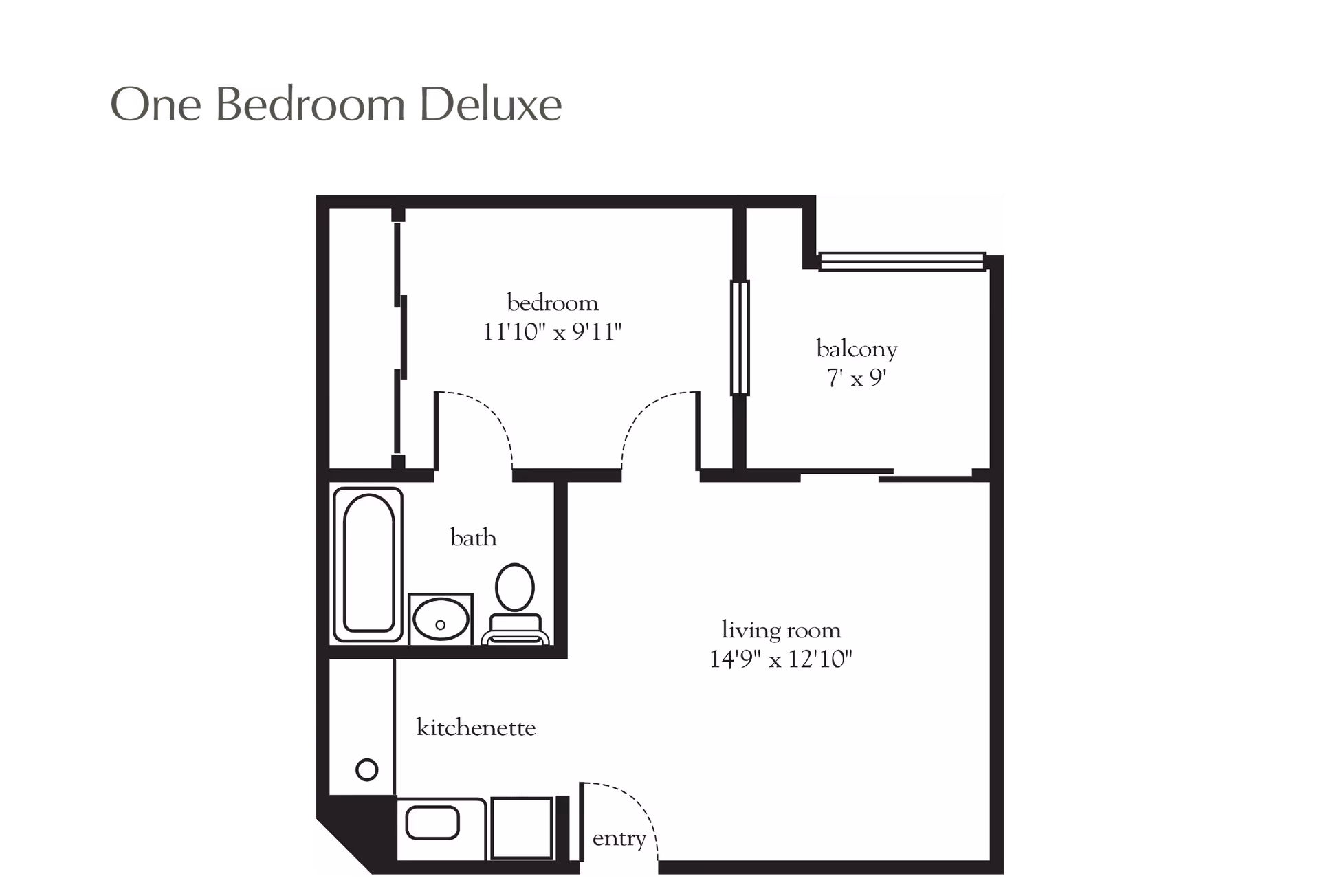 Black-and-white floor plan titled 'One Bedroom Deluxe' showing a bedroom, bath, kitchenette, living room and balcony with dimensions.