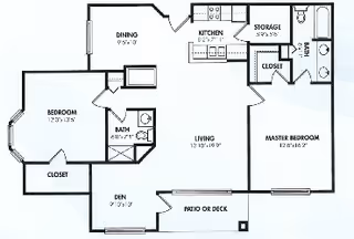 Architectural floor plan of a residential unit at The Forum at Tucson showing two bedrooms, a den, two bathrooms, a kitchen, dining area, living room, storage, and a patio or deck.