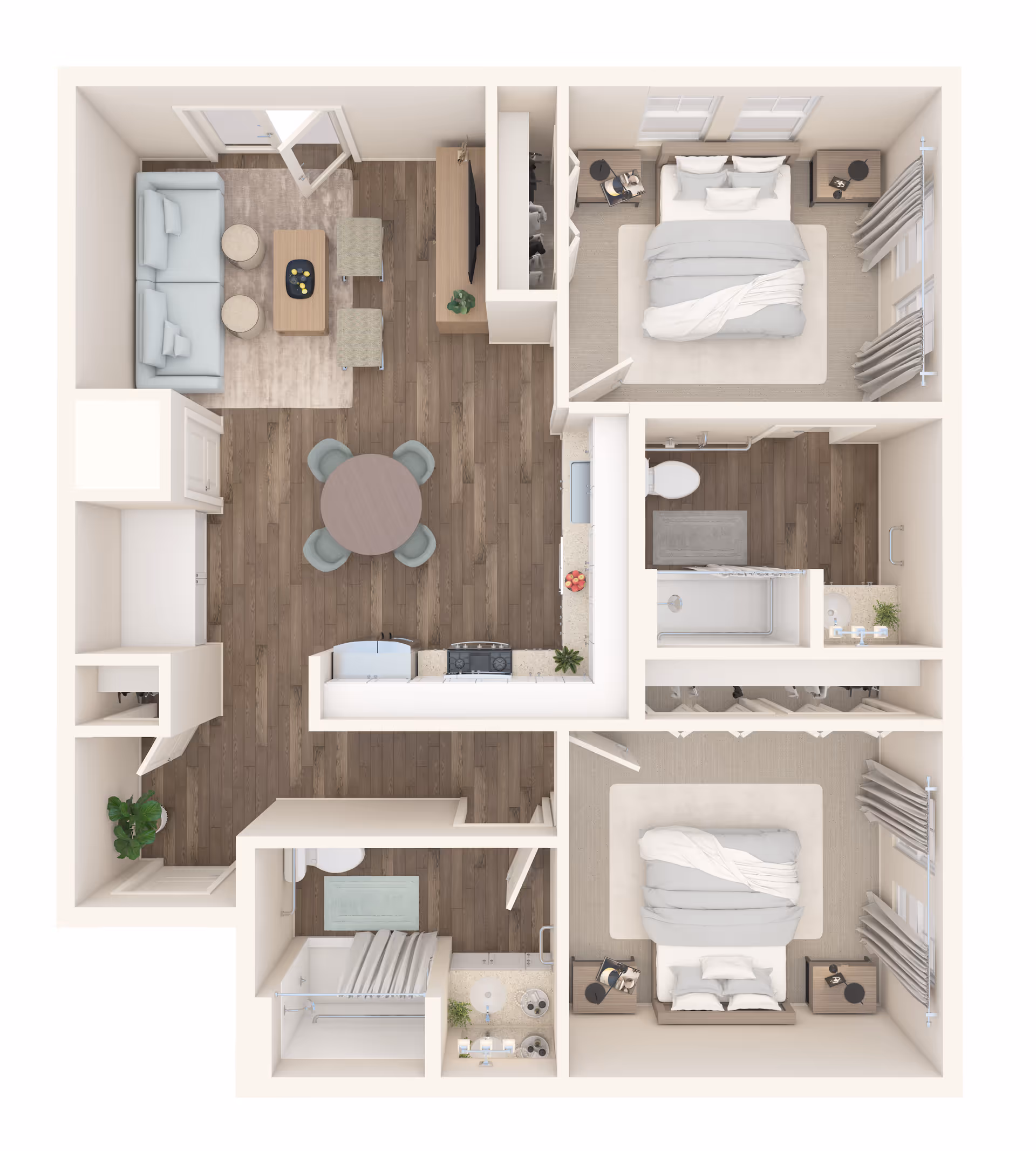 Top-down rendered floor plan of a two-bedroom apartment showing a living room, kitchen with dining area, and two bathrooms.