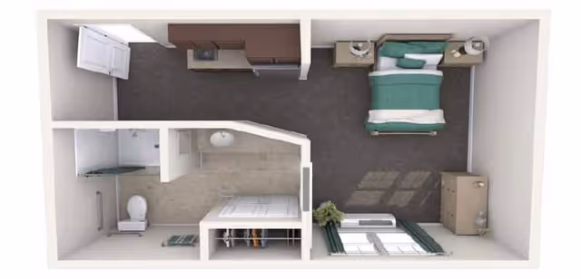 Top-down 3D floor plan of a studio-style room showing a bed with nightstands, a kitchenette, and a bathroom.