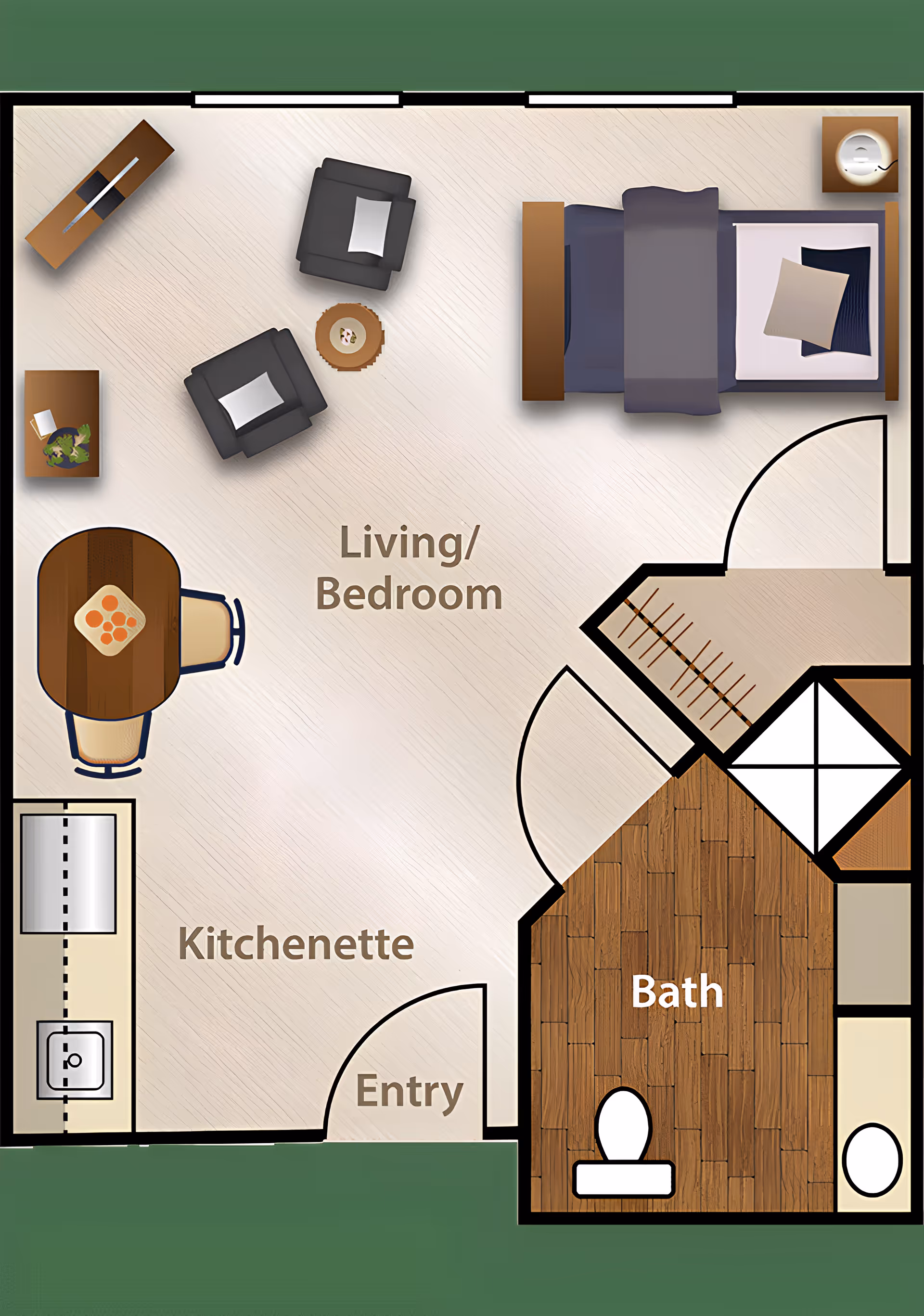 Floor plan of a small living space labeled with areas for Living/Bedroom, Kitchenette, Entry, and Bath. The Living/Bedroom area includes a bed, two chairs with a small table, a dining table with chairs, and a TV stand. The Kitchenette has a sink and counter space. The Bath includes a toilet and shower area.