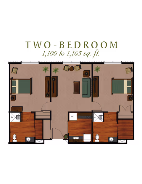 Floor plan of a two-bedroom apartment with 1,100 to 1,165 square feet. The layout includes two bedrooms, two bathrooms, a living room with seating and tables, and a kitchen area with appliances and washer/dryer. The bedrooms are located on opposite sides of the living room, each with a bed and nightstands. Bathrooms are adjacent to each bedroom.