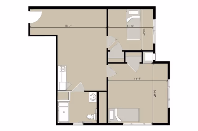 Top-down floor plan of an apartment unit showing two bedrooms, a bathroom, a kitchen area and room dimensions.