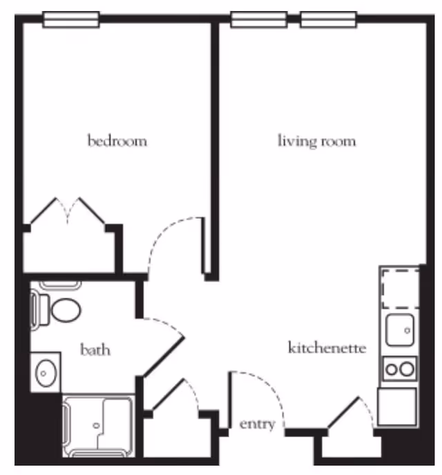 Floor plan layout of a senior living unit at Atria Longmeadow Place showing a bedroom, living room, kitchenette, bath, and entry area.