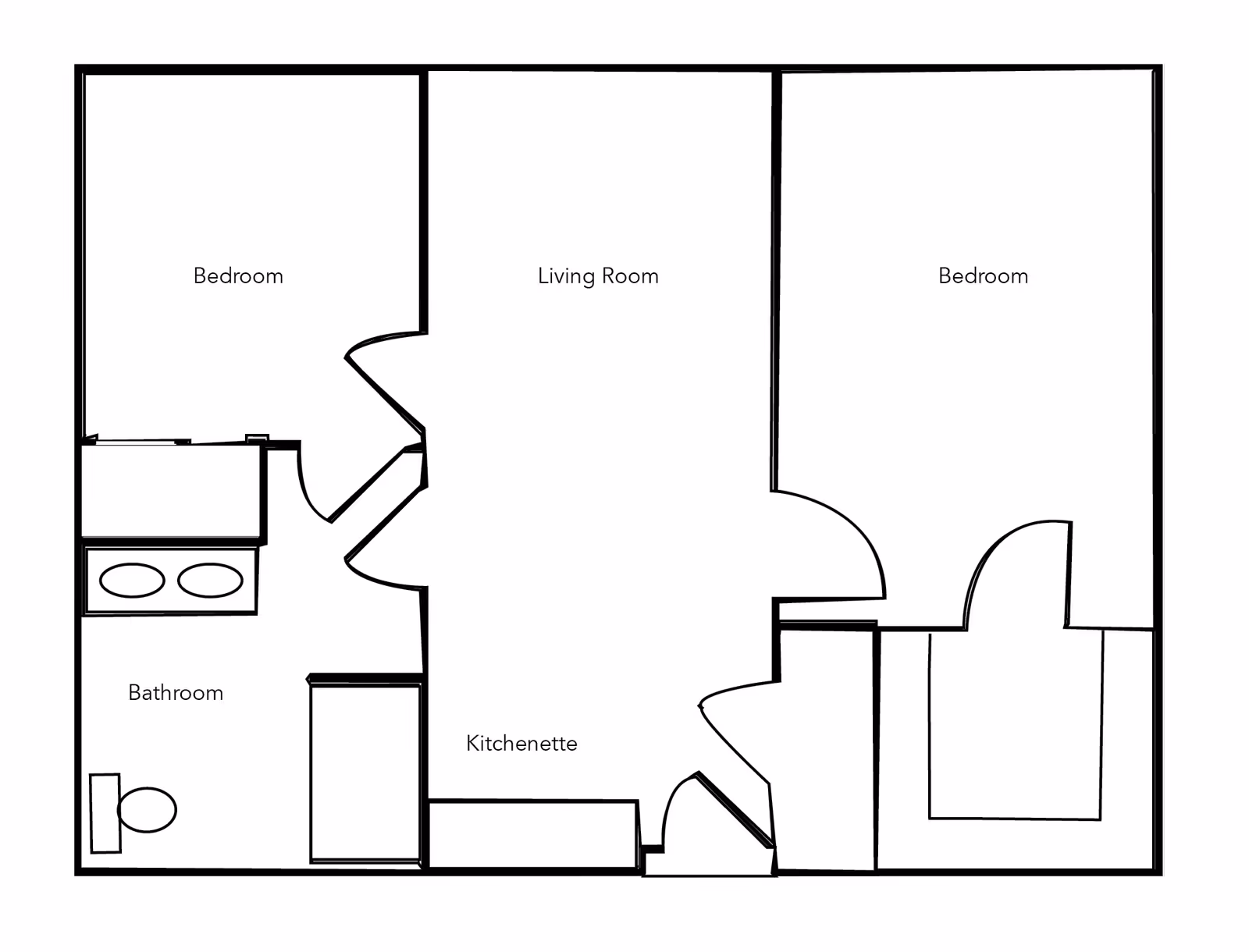 Black and white floor plan layout showing two bedrooms, a living room, a kitchenette, and a bathroom with a double sink and toilet.