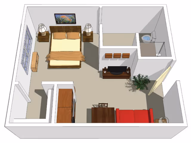 3D floor plan of a senior living apartment featuring a bedroom with a double bed, two nightstands with lamps, a painting above the bed, a bathroom with a toilet and shower, a living area with a red couch, a TV on a stand, a small dining table with chairs, a plant, and a window on one wall.