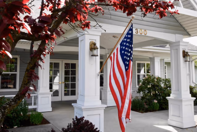 Front entrance of a white building with columns, greenery, and an American flag hanging by the doorway beneath the number 300.
