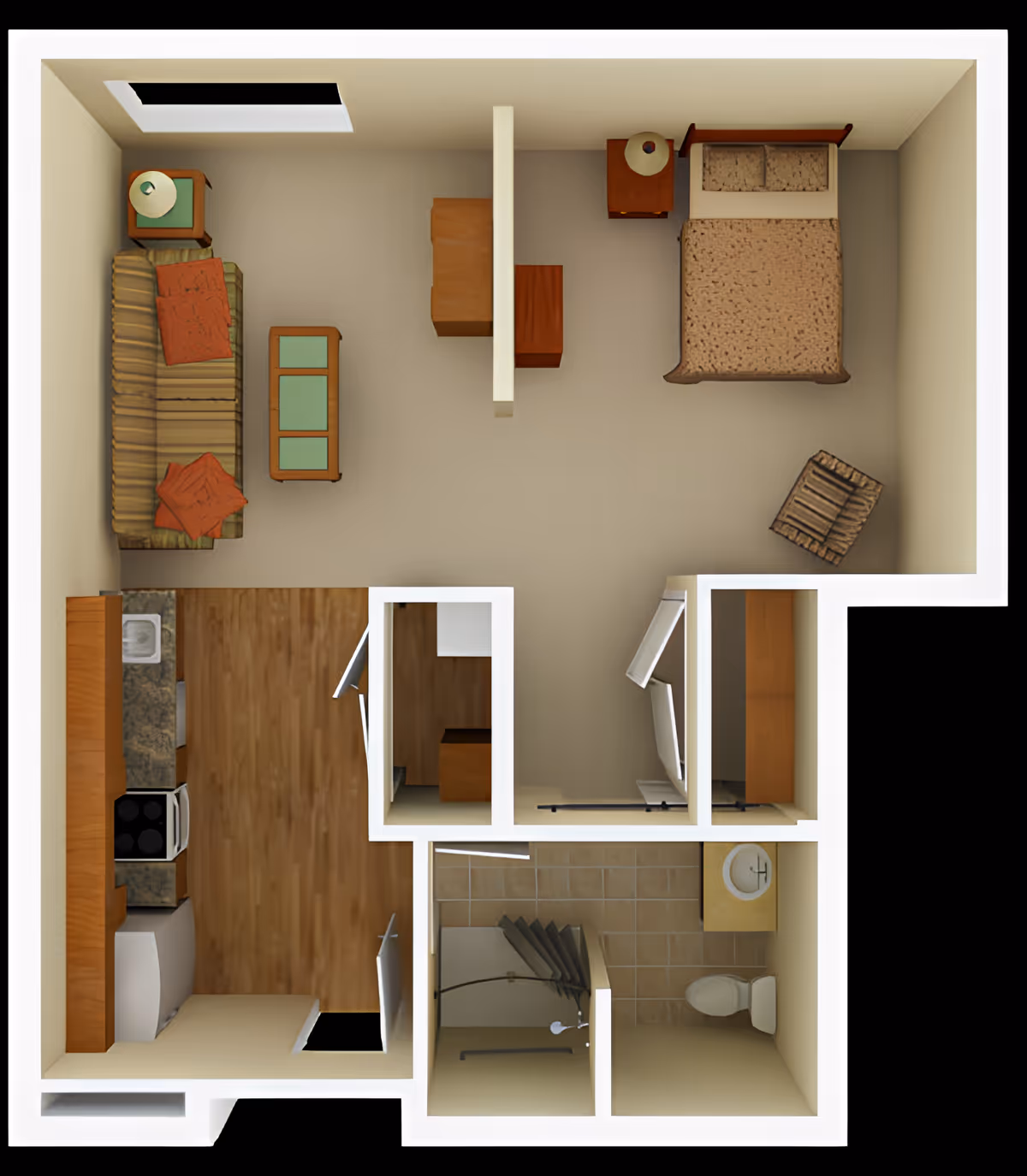 Top-down view of a senior living apartment floor plan featuring a combined living and bedroom area with a bed, nightstand, armchair, sofa, coffee table, and desk. The kitchen area includes a stove, sink, and refrigerator. There is a separate bathroom with a toilet, sink, and shower.