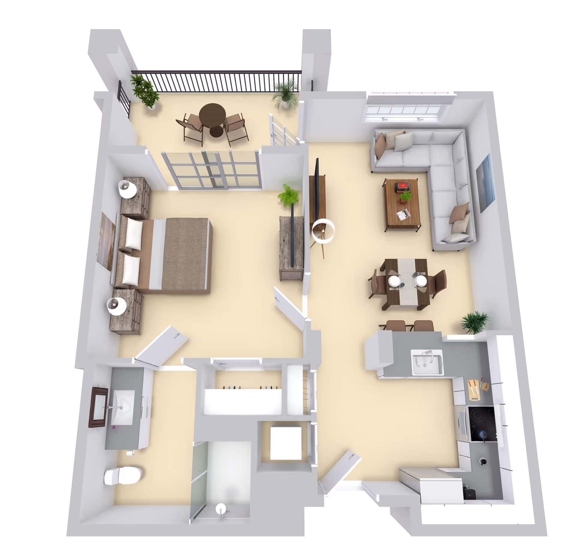 3D floor-plan rendering of a one-bedroom apartment showing a bedroom, bathroom, kitchen, living/dining area and balcony.