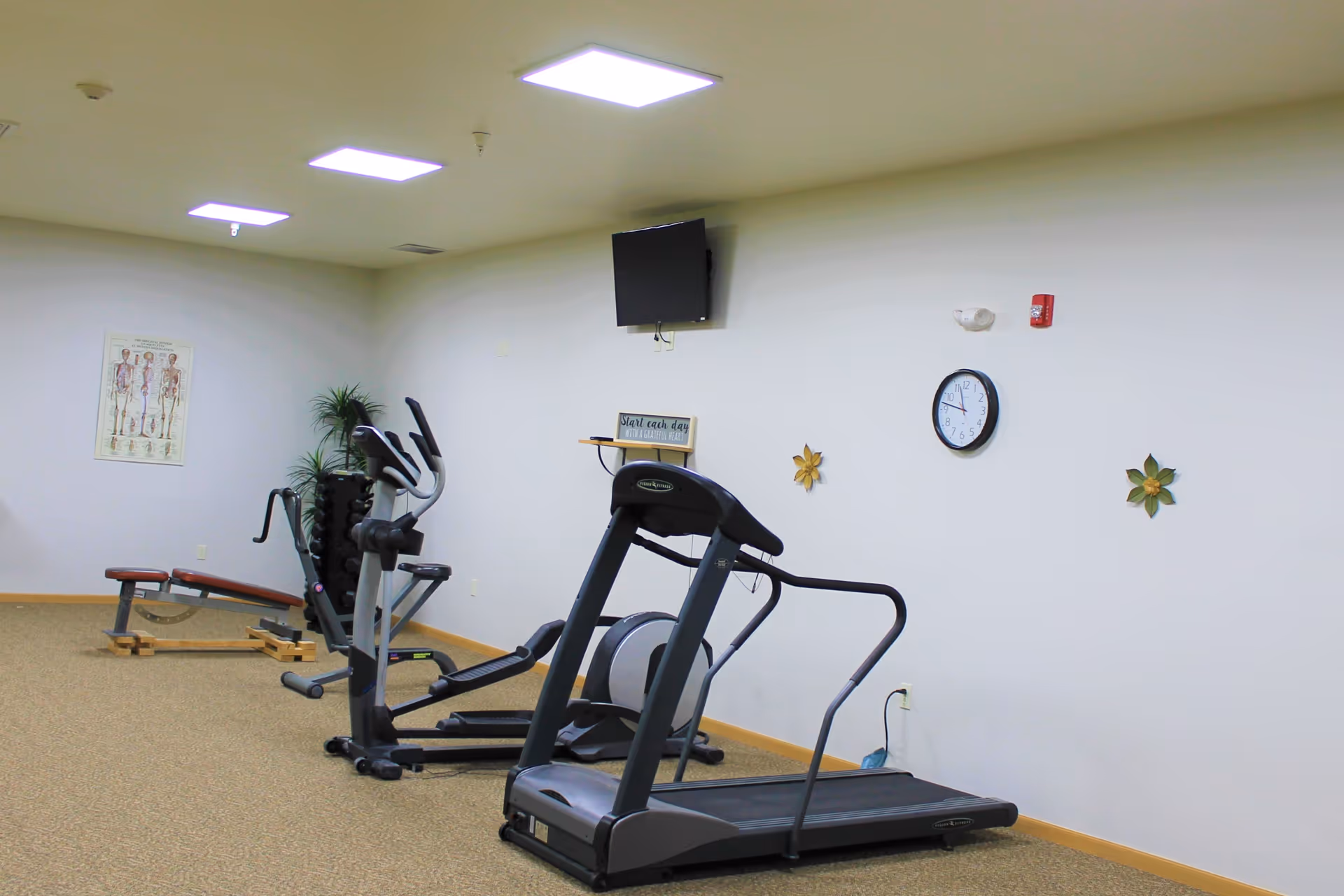 A small fitness room with exercise equipment including a treadmill, elliptical machine, and a weight bench. The walls are light-colored with a clock, decorative flowers, and a mounted TV. The floor is carpeted and the room is lit by ceiling lights.