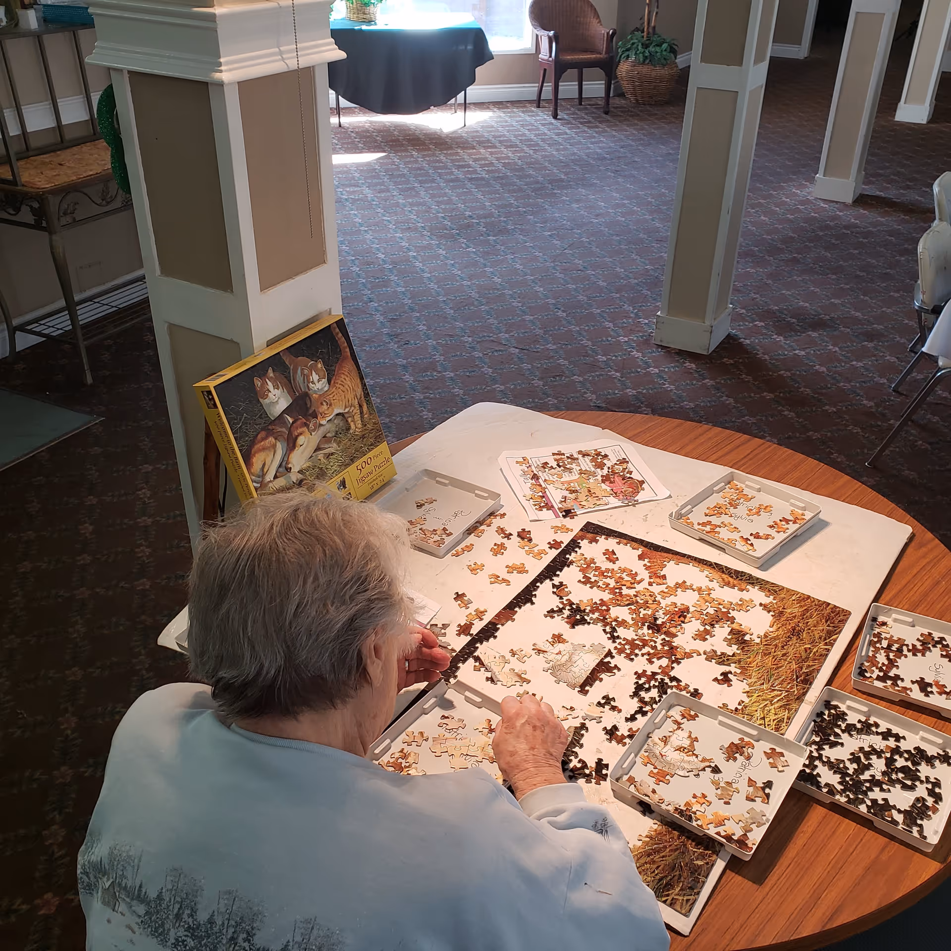 An elderly person with gray hair is sitting at a round wooden table working on a jigsaw puzzle. The puzzle pieces are spread out on the table and sorted into several trays. A puzzle box with an image of cats is propped up against a pillar nearby. The room has patterned carpet, pillars, and some chairs and tables in the background with natural light coming through windows.