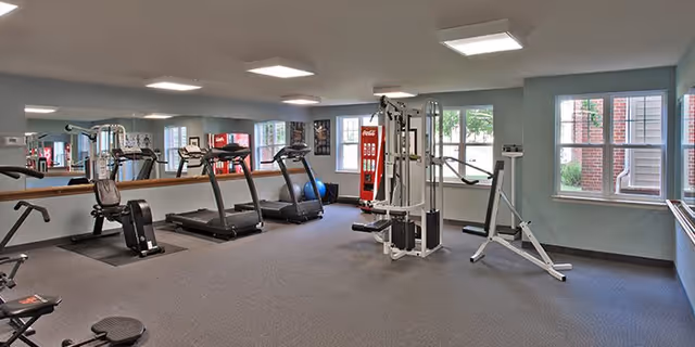 A fitness room with exercise equipment including two treadmills, a rowing machine, a multi-function weight machine, and a stepper. The room has large windows letting in natural light, a wall mirror, and a Coca-Cola vending machine in the corner.