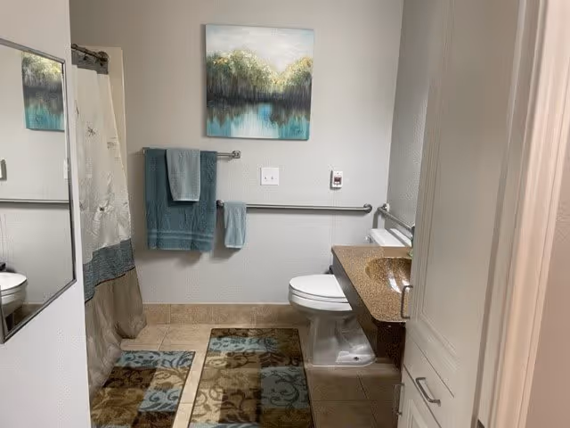 A clean and well-lit bathroom with a toilet, a countertop with a sink, a shower curtain, and a large mirror on the left wall. There are two blue towels hanging on a metal towel rack, a decorative painting above the towels, and two patterned rugs on the tiled floor.