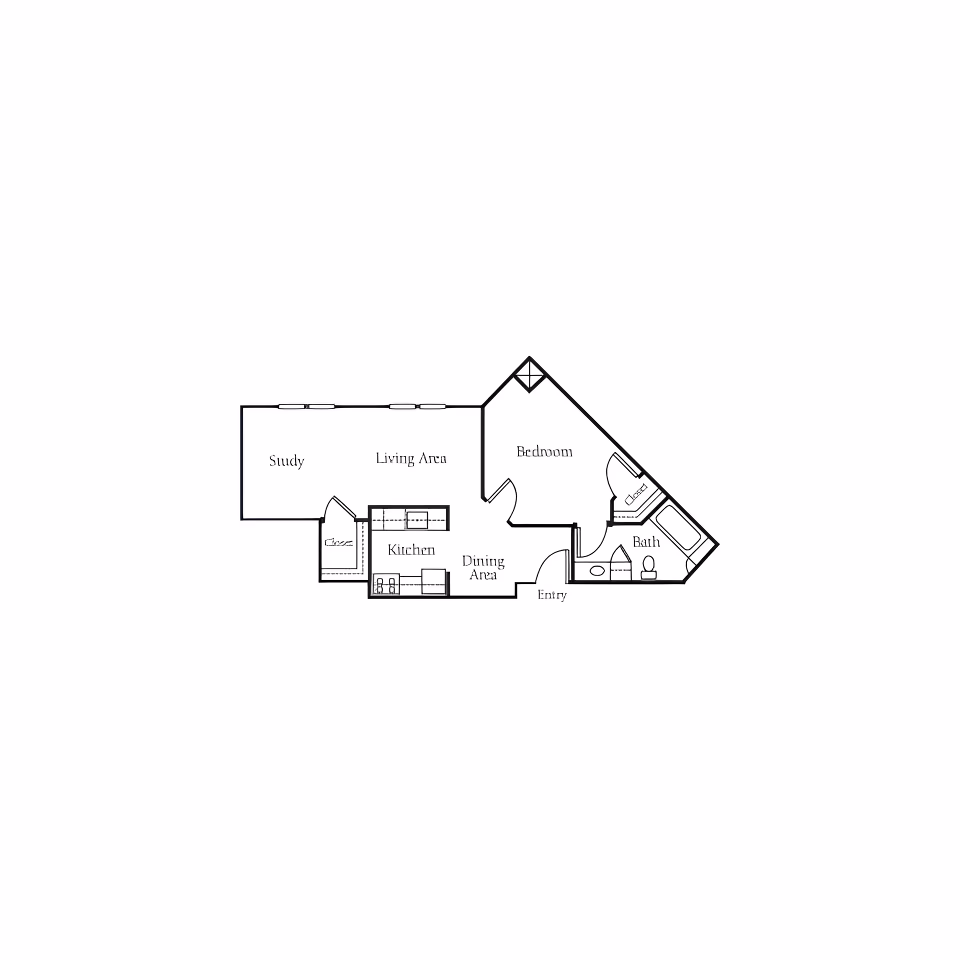 Architectural floor plan of a residential unit showing a study, living area, kitchen, dining area, bedroom, bathroom, and entry.