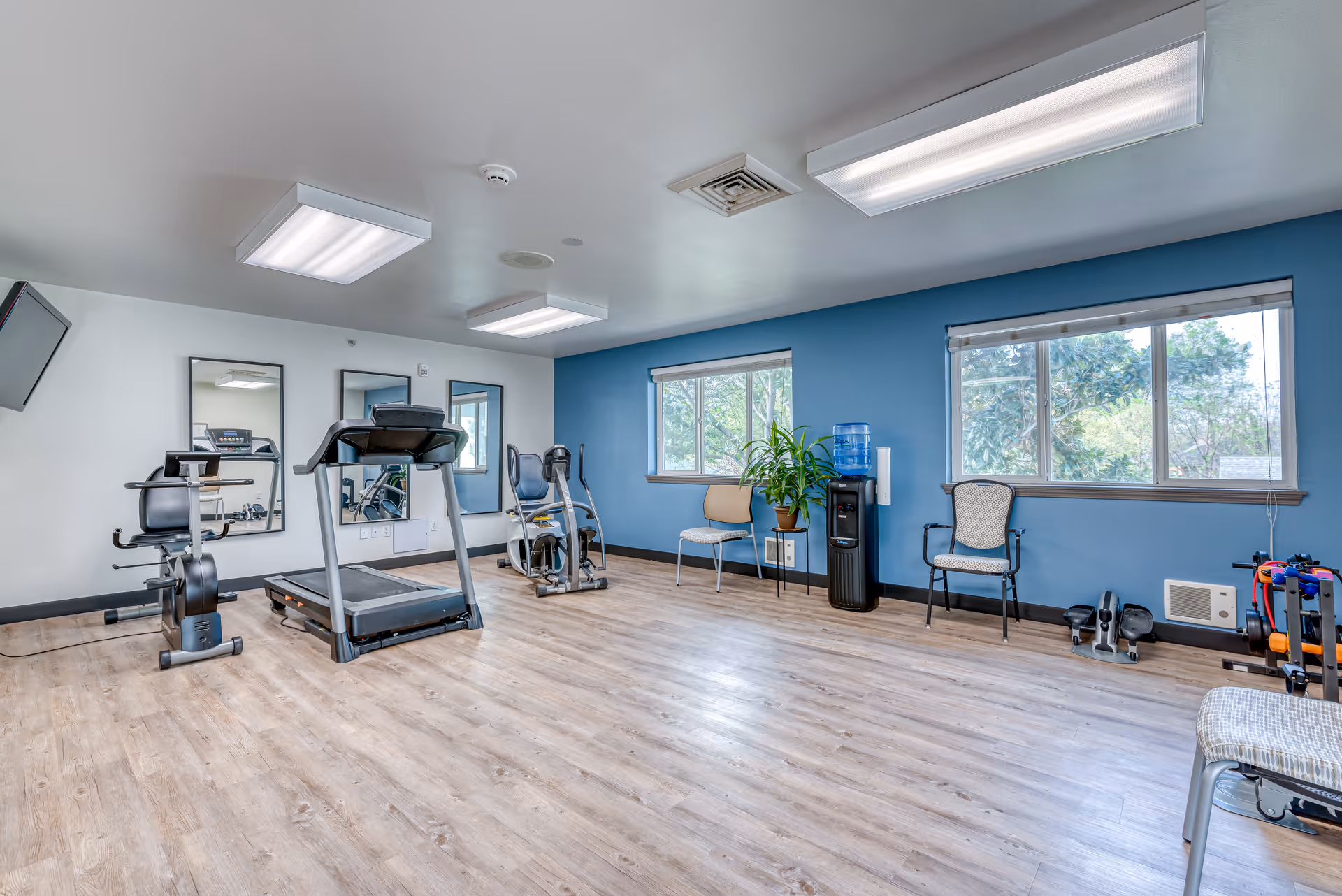 A bright exercise room with light wood flooring and blue and white walls. The room contains a treadmill, stationary bike, elliptical machine, two chairs, a water cooler, a potted plant, and large windows letting in natural light. There are three mirrors on one wall and ceiling lights providing illumination.