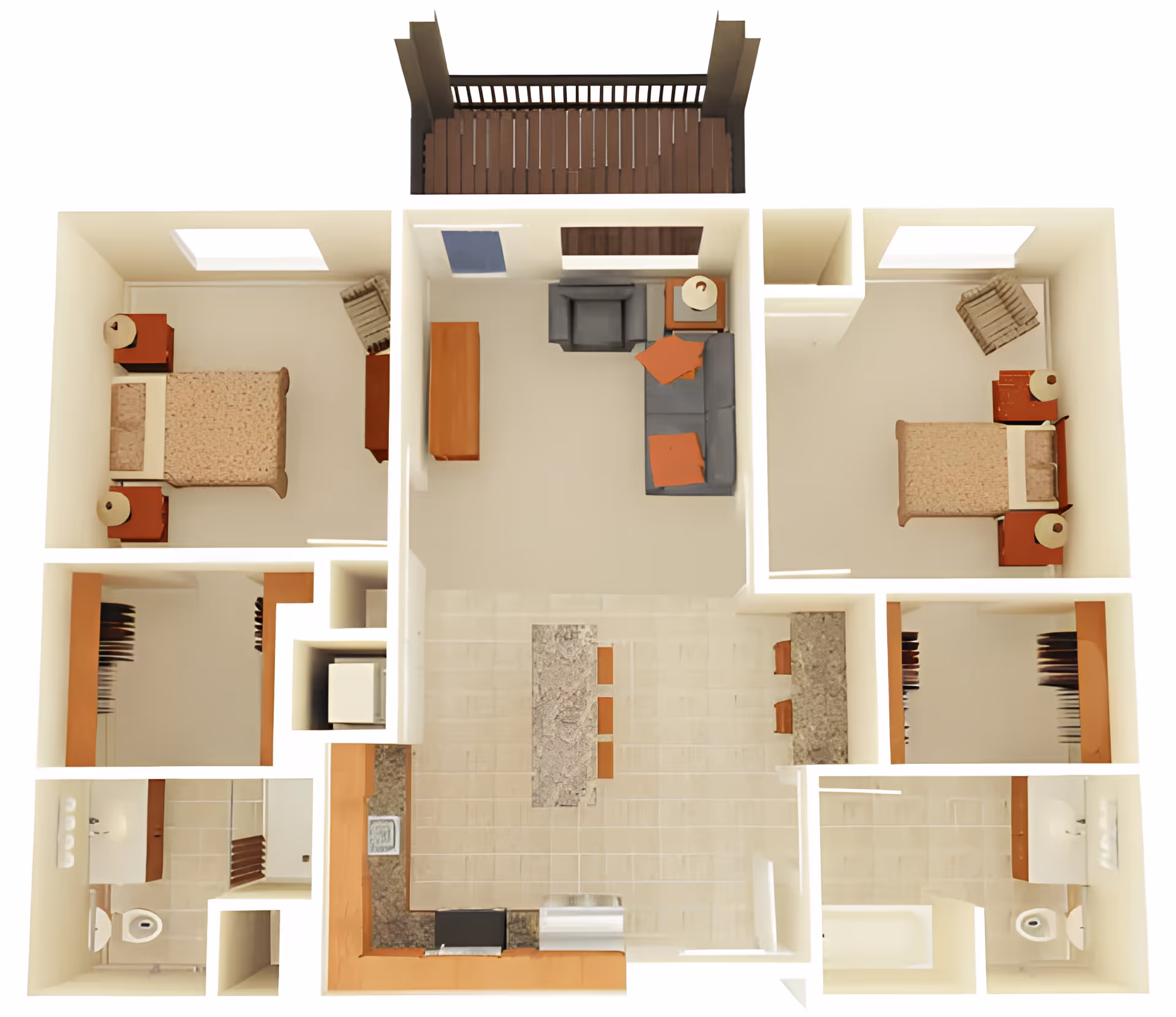 Top-down view of a two-bedroom apartment floor plan featuring two bedrooms each with a bed, nightstands, and a chair. The center area includes a living room with a sofa, armchair, and side table, adjacent to a kitchen with a large island and bar stools. There are two bathrooms, each with a toilet, sink, and shower or bathtub. A balcony is located at the top center of the layout.