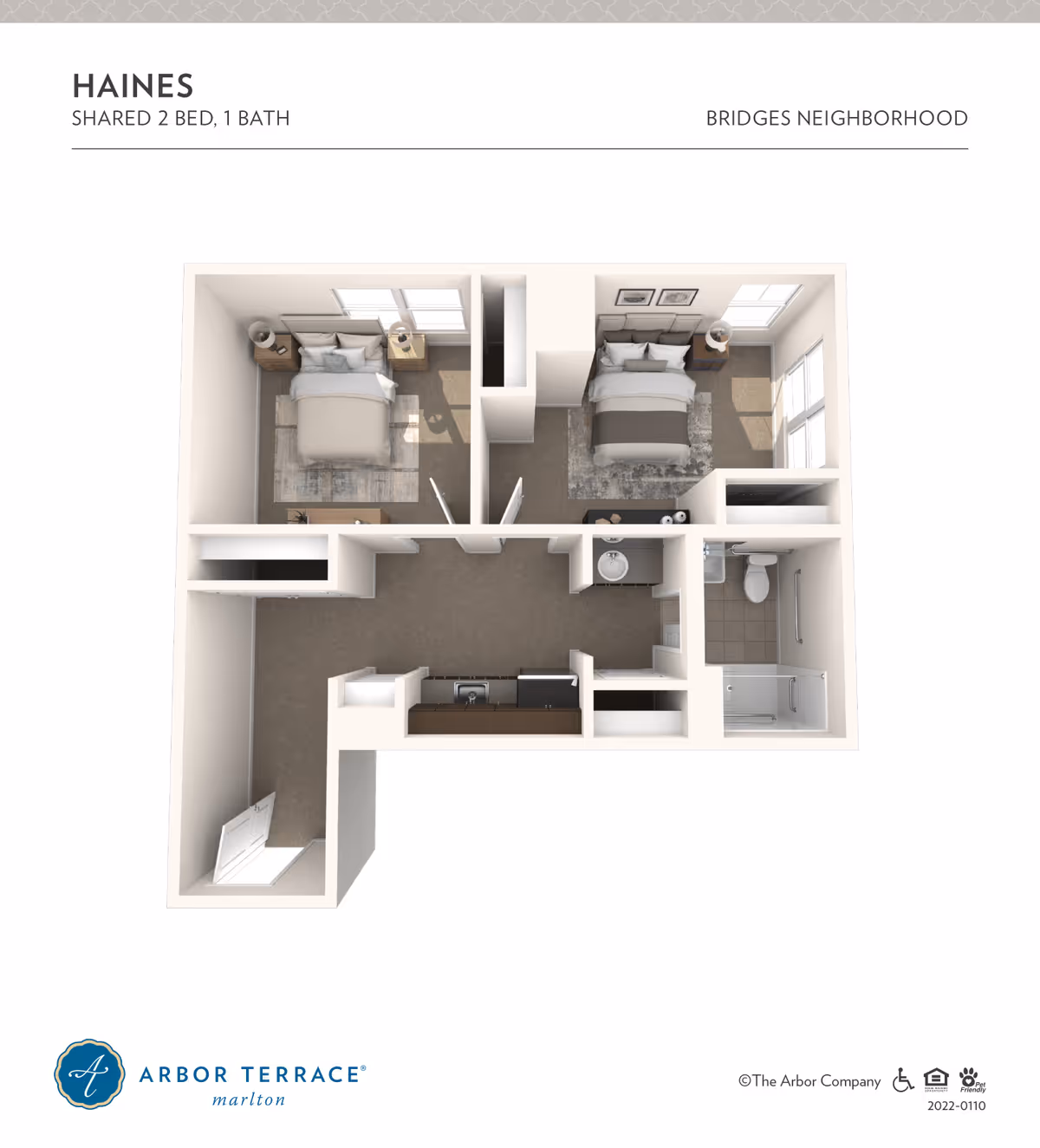3D floor plan of a shared 2 bedroom, 1 bathroom apartment named Haines in the Bridges Neighborhood at Arbor Terrace Marlton. The layout includes two bedrooms each with a bed and nightstands, a bathroom with a shower, toilet, and sink, and a kitchen area with appliances and cabinetry.