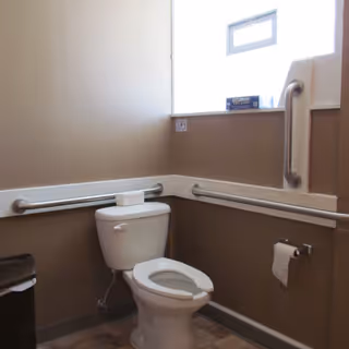 A small bathroom with a white toilet, beige walls, and a window above. There are multiple metal grab bars installed on the walls around the toilet for support and accessibility. A toilet paper holder with a roll of toilet paper is mounted on the right wall, and a small trash can is visible on the left side.