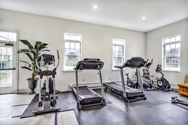 A bright exercise room with large windows showing outdoor greenery. The room contains two treadmills, an elliptical machine, two stationary bikes, and a large potted plant near the door. The floor is covered with black mats under the exercise equipment.
