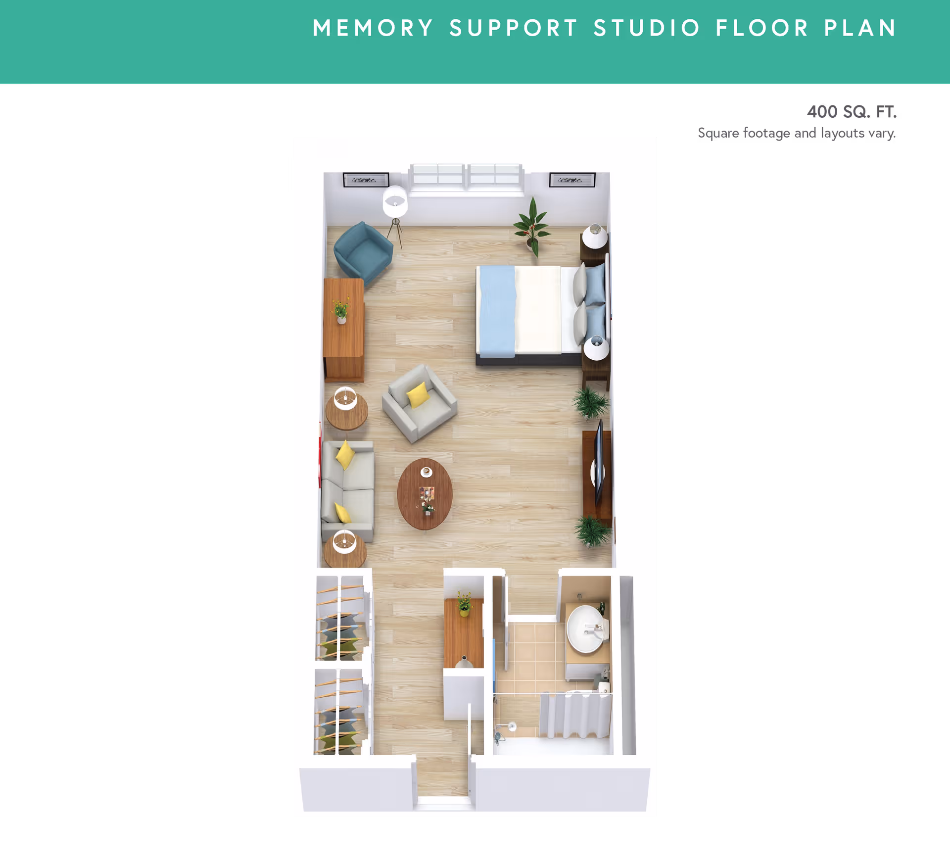 3D floor plan of a memory support studio apartment showing a combined living and sleeping area with a bed, armchairs, sofa, coffee table, TV, and plants. There is a small bathroom with a sink and shower, and a closet area near the entrance. The total area is 400 square feet.