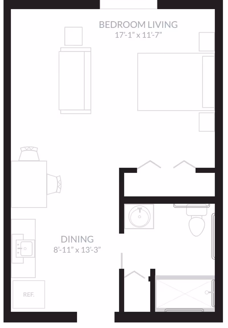 Floor plan layout showing a combined bedroom and living area measuring 17 feet 1 inch by 11 feet 7 inches, a dining area measuring 8 feet 11 inches by 13 feet 3 inches, a kitchen area with a refrigerator and sink, and a bathroom with a sink, toilet, and shower.