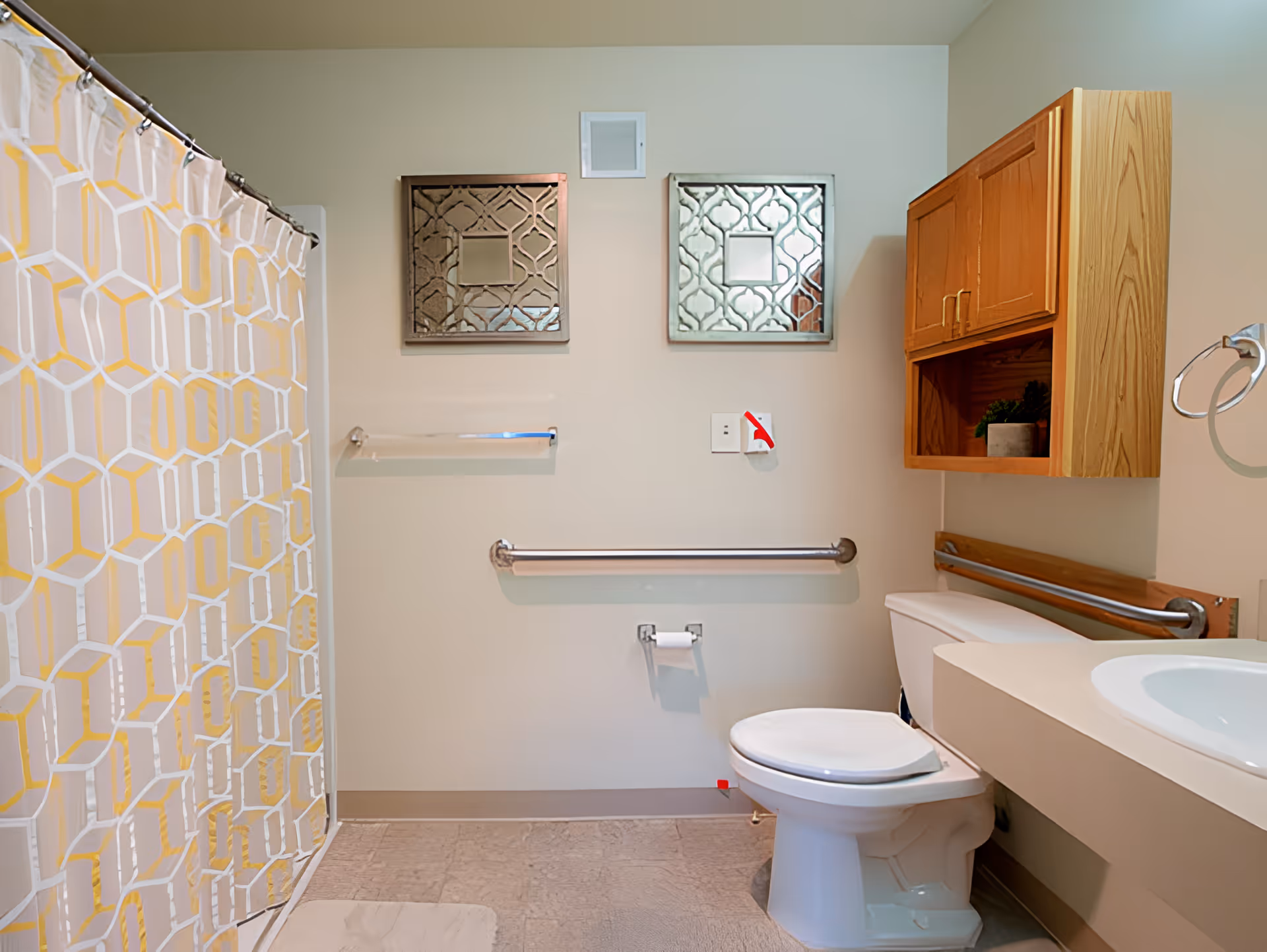 A clean bathroom with a white toilet, a sink with a countertop, a wooden cabinet mounted on the wall, two decorative mirrors, and a shower with a patterned curtain. There are safety grab bars installed near the toilet and along the wall.