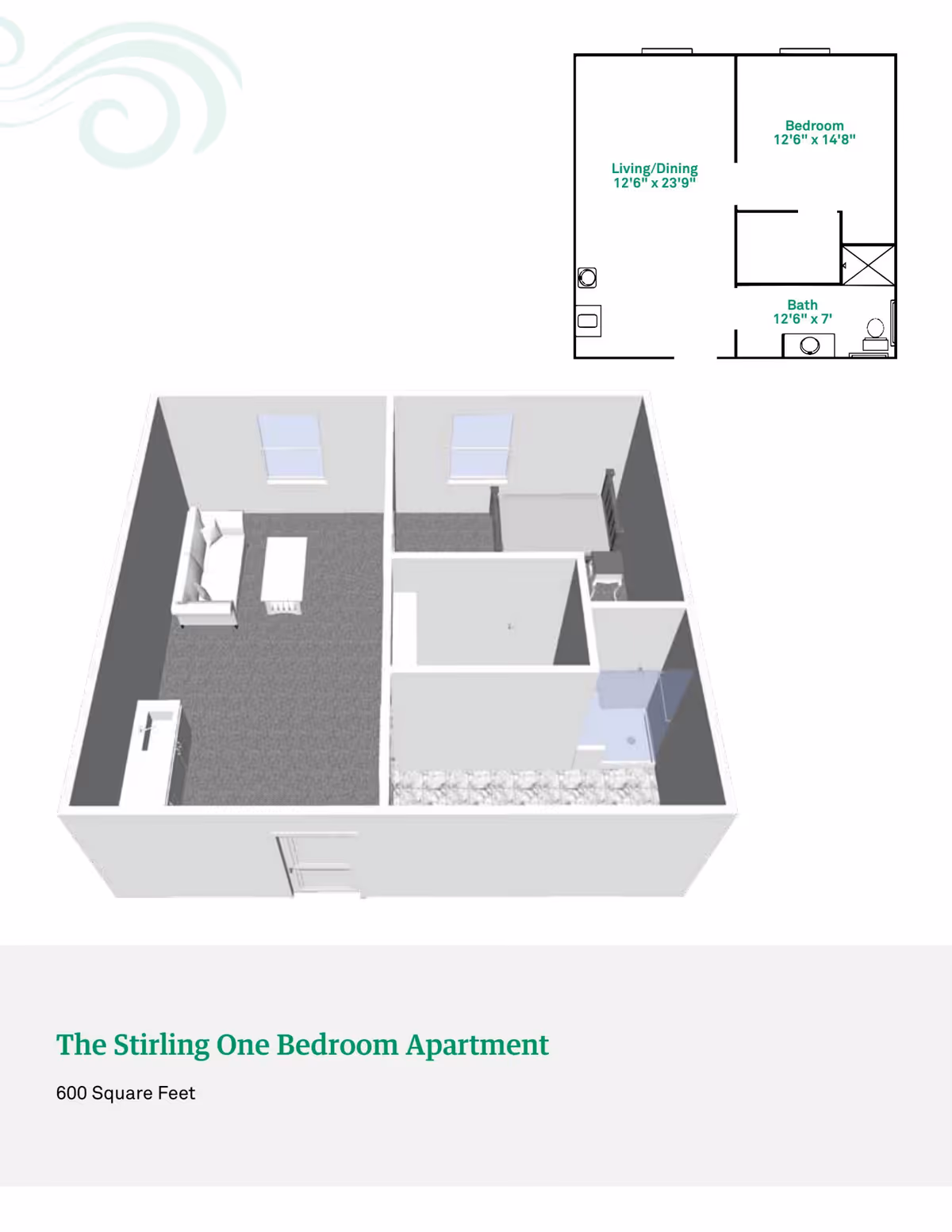 3D floor plan and layout of The Stirling One Bedroom Apartment at Meadow Lakes Assisted Living and Garden Homes, showing a living/dining area with a sofa and table, a bedroom with a bed, and a bathroom with a shower, sink, and toilet. The floor plan includes dimensions for each room.